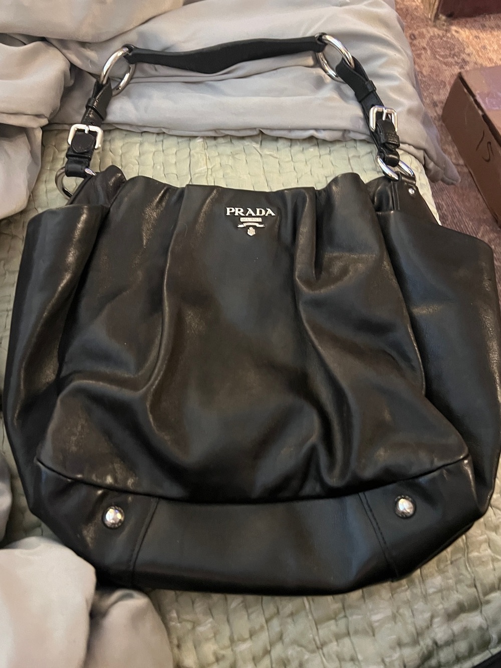 Prada  Vitello Daino Super Soft! Black Leather Shoulder Bag with Silver